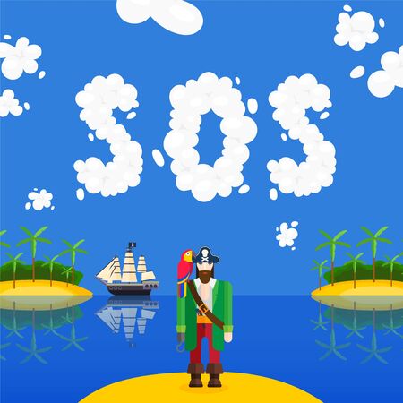 Sailor crashed, SOS signal, male character pirate with parrot on background of ship, flat vector illustration. Tropical sea, water surface, paradise island. Design for banner, poster.のイラスト素材