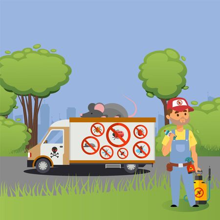 Car with big mouse, control of pests, working character male, toxic, poison vector illustration. Truck in park, background of city. Design pest control for poster, web banner and card.のイラスト素材
