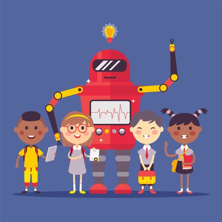 Robot character, child, automatic device, teaching children to develop robot, isolated on blue, flat vector illustration. Design poster, web banner. Technological process for building machine.のイラスト素材