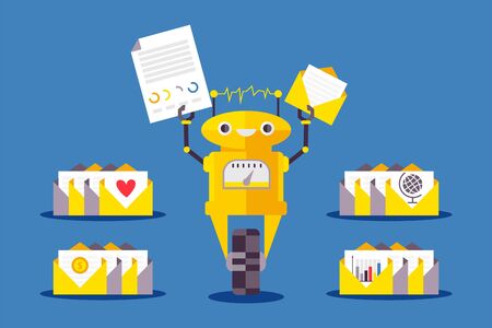 Robot secretary and assistant, automatic device on wheel with letters, isolated on blue, flat vector illustration. Machine sorting message love, business, money. Design poster, web banner.のイラスト素材