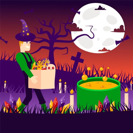 Character man sorcerer night, graveyard with candle, tree, moon carry magic stuff and brews potion flat vector illustration. Halloween poster, banner, greeting card, scary place design.のイラスト素材
