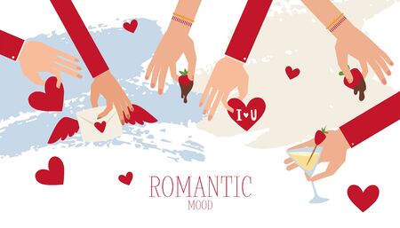 Romantic and wedding mood banner, hand carry postcard, gift card, strawberry and champagne. Isolated on white, flat vector illustration. Design for lovely person poster, website banner.のイラスト素材