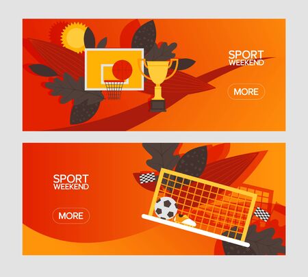 Sport weekend, athletic game in Brazil, design banner, poster, gift card vector illustration. Basketball ring, soccer goal, ball, flag icon. Sporting event in southern America.のイラスト素材
