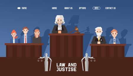 Banner web law and justice, court with jury and judge, waiting case vector illustration. Contact, about us, home, options button. Flat website design template and banner, court hall.のイラスト素材