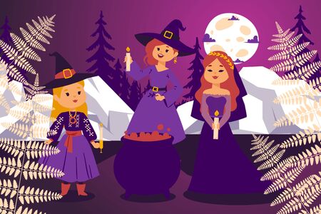 Night coven, flat character girl witch in magical hat, dress, night under moon vector illustration. Education little sorceress do spell, alchemy, and curse. Poster, greeting card, web banner.のイラスト素材