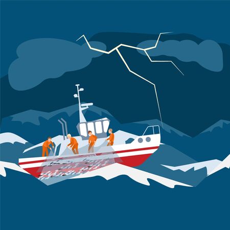 Character fishing boat team, vessel in thunderstorm catch fish in sea, ocean, water, flat vector illustration. Stormy weather, dangerous work, fishery, fish nets, lightning, cloud.のイラスト素材