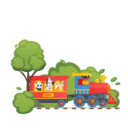 Zoo children train on child railway, panda, tiger, cow, zebra, isolated on white, flat vector illustration. Green forest, baby toy development red locomotive, web banner, intellect growth.のイラスト素材