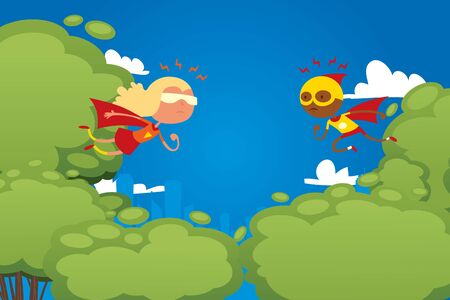Child play in superhero, park game, character children male fight vs female, perform, flat vector illustration. Kids dream, superpowers, strong children actor, design website banner.のイラスト素材