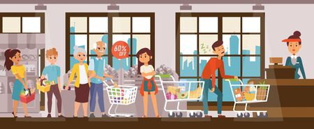 Sleep problems, exhausted man in supermarket hold up queue, vector illustration. Disgruntled customers standing behind sleeping character guy near cash register. Cartoon shop with showcase, windows.のイラスト素材