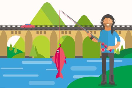 Fisherman with good catch, vector illustration. Character man with long hair holds fishing rod, large fish hang on hook, colored scales. Fishing near bridge, road, wide river flat banner.のイラスト素材