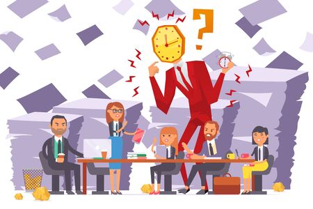 Businessman watchhead, company meeting, team dissatisfied with woman work vector illustration. Time running out, deadline close, character group people angry. Large document stack, paper.のイラスト素材
