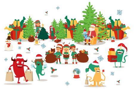 Happy christmas monsters carry gifts in multi-colored boxes and bags, vector illustration. Santa Claus sitting in chair near Christmas tree, cartoon elves singing holiday hymns, bag with gift.のイラスト素材