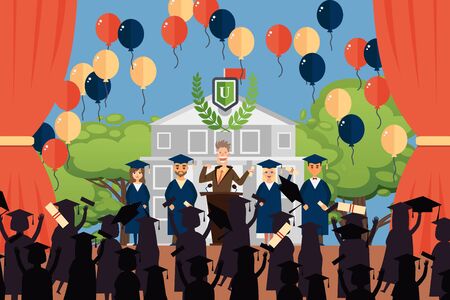 Graduation people vector illustration, Deans speech for university graduates. Boys and girls character in gowns, hats celebrate graduation. Cartoon balloons and curtain for holiday.のイラスト素材