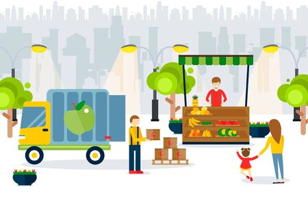 Import fruits icons, supplier brought tomatoes crates on van, vector illustration. Seller behind counter with vegetables, fresh products city market. Buyers character choose large assortment.のイラスト素材