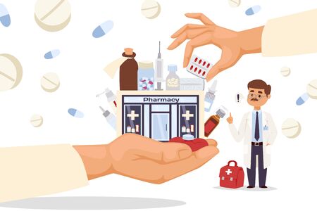 Store fronts pharmacy in big hand, vector illustration. Building for sale cartoon medicines, pills, sprays and potions. Man character in medical coat, pharmacist with first aid kit, flat banner.のイラスト素材
