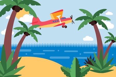 Airplane fly to tropical island, trip across ocean set vector illustration. Private transport flying cartoon, sandy island and coconut palms. Clear favorable weather for trip, sun and clouds.のイラスト素材