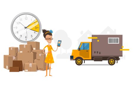 Waiting for truck, cargo transportation, time on clock vector illustration. Customer girl talking with company manager, stand near boxes and waiting for truck to move. Watch show her waiting time.のイラスト素材