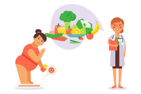 Prescribing diet for overweight fat patient, vector illustration. Girl stand on scales with fries, fast food. Doctor, nutritionist talk about proper nutrition, vegetables and fruits for weight loss.のイラスト素材