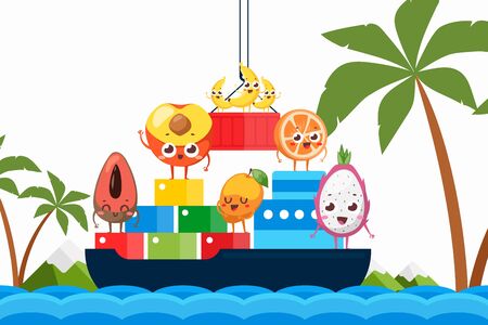 Import tropical fruits on ship by ocean vector illustration. Natural products, peach, avocado, apricot stand on boxes for transportation. Transportation banana, orange and pitaya banner.のイラスト素材