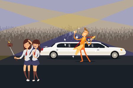 Selfie fans with music idol, concert people vector illusatrtion. Girls photographed with man rocker, electric guitar near long limousine. Fans crowd welcome musician characcter star.のイラスト素材