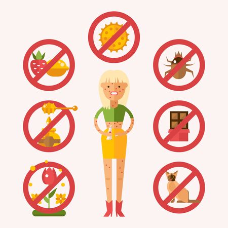 Sick people allergy to external irritants and food, vector illustration. Woman skin rash from food, pollen, insects and pet. Patient character hold allergy ointment, skin irritation.のイラスト素材
