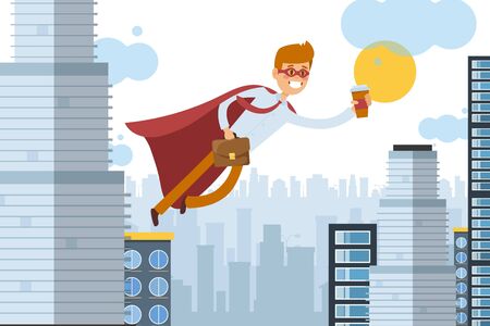 Superhero assistant flies to work with takeaway coffee, business worker vector illustration. Man in cloak move through air, power in worker speed. Cartoon office in big city skyscraper.のイラスト素材