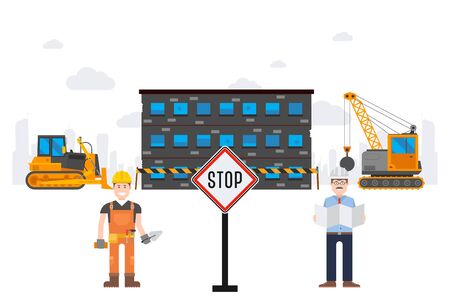 Chemical plant destruction tracked result vector illustration. Stop sign in front working object, excavator near condemned building. Project manager and builder oversee work in city.のイラスト素材