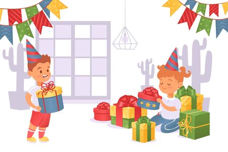 Boy brought gift box to girl in festive cap vector illustration. Birthday girl consider gifts, beautiful boxes with bows. Decorated room with garland, invited friend character happy inside.のイラスト素材