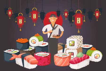 Chiefs asian nationality people vector illustration. Professional sushi cook in special gown, apron. Man holds knife and board with sushi in his hand. Around large cartoon seafood and fish dishes.のイラスト素材