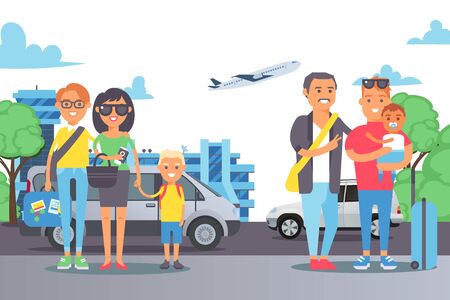 Flat people family at weekend, car trip vector illustration. Happy smiling couples standing with character children outside. Spend free time with family. In background cartoon plane and building.のイラスト素材