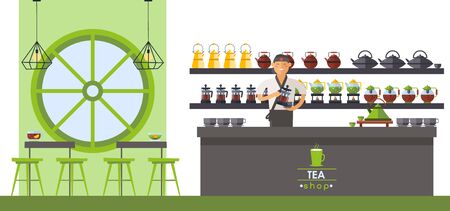 Asian tea shop, tea ceremony supplies. Seller pour drink from teapot, vector illustration. Man behind counter with different teapots, cups and herbs, tables for customers in cartoon room.のイラスト素材