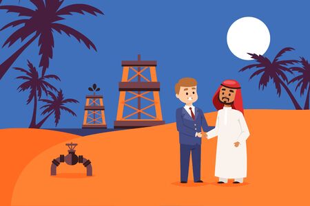 Sale oil production place in east shore, vector illustration. Businessman character conclude agreement with arab entrepreneur in thawb, oil platform banner. Mining, natural oil rig.のイラスト素材