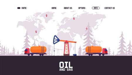 Oil and gas mining vector illustration. High structure for mining, machine for collecting substances. Against background world map, labels at places mineral extraction illustration.のイラスト素材