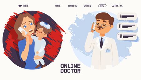 People talking, mom consult online doctor vector illustration. Worried woman hold child with fever and tell symptom doctor. Man character makes diagnosis and prescribes treatment by phone.のイラスト素材