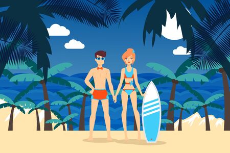 Sea activities result. Surfing on tropical island shore vector illustration. Man and woman in bathing suit standing on beach, board for riding on ocean waves. Vacation hobbies, sports activities.のイラスト素材