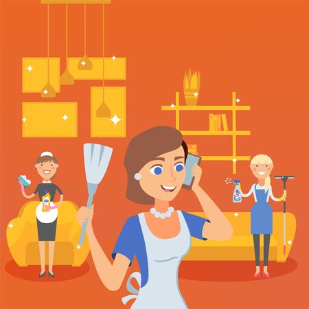 People talking, call home cleaning service vector illustration. Housewife telephoning cleaning company. Workers, character maid in uniform clean house, wash surfaces rooms to shine.のイラスト素材