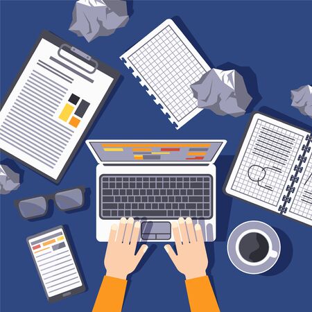 Teamwork table elements, work at laptop vector illustration. Creative atmosphere on employee desk, glasses and coffee. Notepad, graph, report on work surface, folded paper sheets inside.のイラスト素材