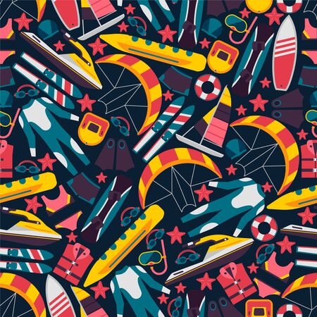 Sea activities result vector illustration background. Bright summer marine entertainment pattern, diving suit, flippers, sailboat and ski. Mask, inflatable vest for resting people safety.のイラスト素材