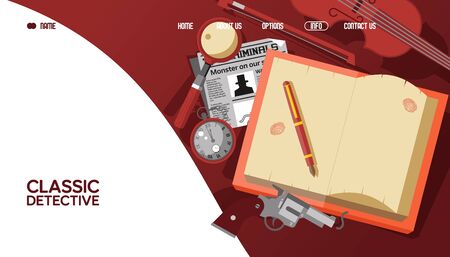 Classical detective landing banner, sherlock holmes result vector illustration. Webpage stories library about famous detective. Notebook with fountain, revolver, magnifier and clock on table.のイラスト素材