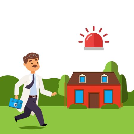 Reanimation doctor result, medicine treatment vector illustration. Healthcare assistance and support, man character with first aid kit in medical uniform run to patients house. Signal about disease.のイラスト素材
