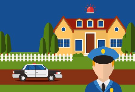 Police action security house system burglar alarm, vectore illustration. Automataion contact with control servise for report house robbery. Policeman arrive by car to house with turned on siren.のイラスト素材