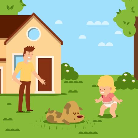 Walking baby first step in home clean yard vector illustration. Baby character in diaper get up to his feet near pet on green grass. Dad calmly watches his daughter walking outside.のイラスト素材