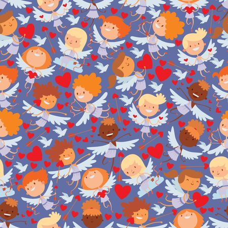 Coupidone kids, boys and girls with angel wings, vector illustration. Love pattern texture, upid on cloud with bow and arrow looking for free hearts. Character in white toga at sky.のイラスト素材