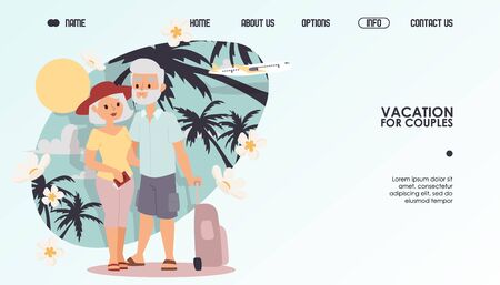 Retired couple on vacation, vector illustration. Website travel company for couples, retirement leisure together. Happy grandparents with documents and suitcases at tropical resort.のイラスト素材