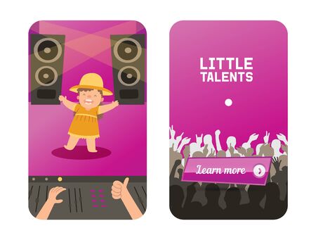 Walking baby on little talants children show vector illustration. Funny curly girl on large hall stage, speakers and amplification equipment. Audience applauds character talented child.のイラスト素材