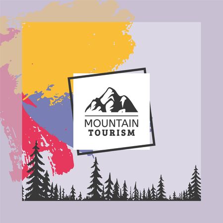 Logo mountain tourism, coniferous forest vector illustration. Company quality guarantee sign, colorful background with tall trees. Creative printable flyer, hike to top with firm help.のイラスト素材