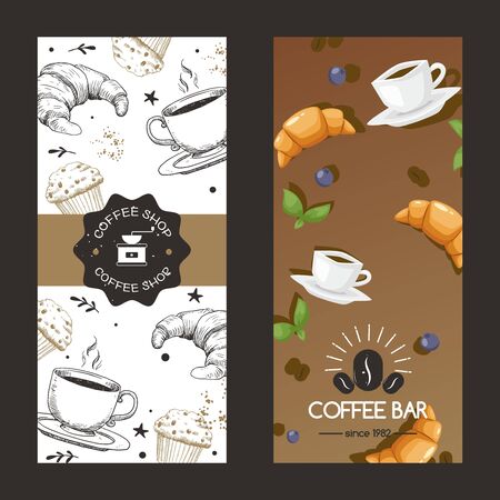 Coffee shop and bar since year logo vector illustration. Cafe flyer set cup mug with drink, croissant, cupcake and berry. Colorful advertising to attract consumers, breakfest food and fresh liquid.のイラスト素材