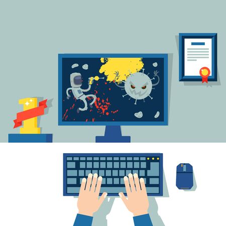 Professional computer parts for playing video virus games, vector illustration. Electronic device owner engaged in e-sports. Action game on computer screen, awards for winning first place on table.のイラスト素材