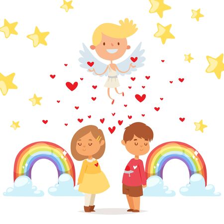 Coupidone connects kids hearts, vector illustration. Boy and girl character fall in love with each other, between them small hearts. Angel child rejoices in successful work over them.のイラスト素材