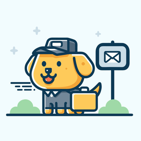Cute cartoon dog as a mail carrier with bag and hat. Delivery mascot by mailbox, job role concept. Adorable postal worker vector illustration.のイラスト素材